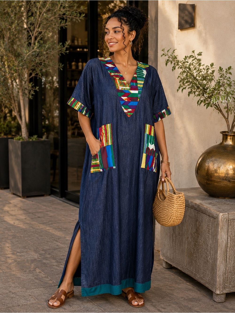 African Print Dashiki Denim Look Caftan Maxi Dress Handmade Boho One Size